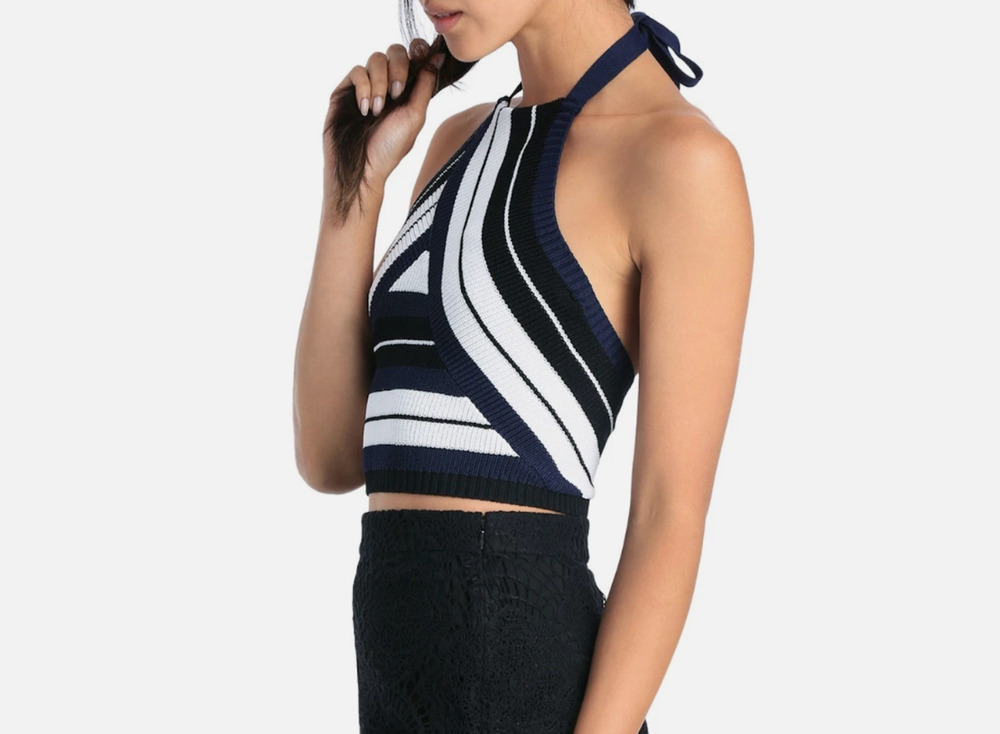 Bardot Womens Navy Blue Striped Knit Halter Crop Top Crossover Tie Back M
